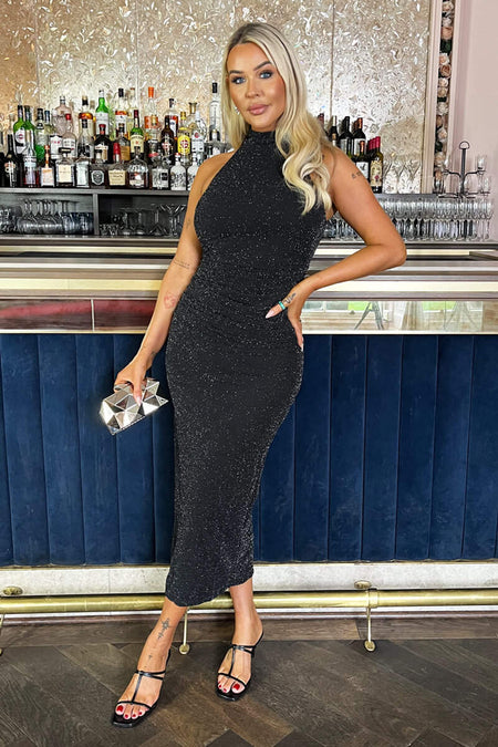 ax paris sequin bodycon dress Black Sequin High Neck Ruched Bodycon Mini Dress