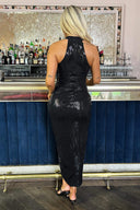 AX Paris Women's Black Rectangular Sequin Halter Neck Draped Wrap Skirt Midi Dress | Size: 8 AX Paris Women's Black Rectangular Sequin Halter Neck Draped Wrap Skirt Midi Dress | Size: 8
