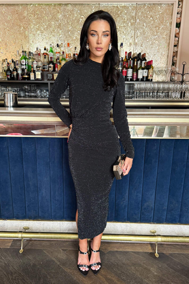 Black Sparkly Long Sleeve Ruched Bodycon Midi Dress – AX Paris
