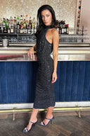 AX Paris Women's Black Metallic Sparkle Halter Neck Ruched Midi Dress | Size: 14 AX Paris Women's Black Metallic Sparkle Halter Neck Ruched Midi Dress | Size: 14