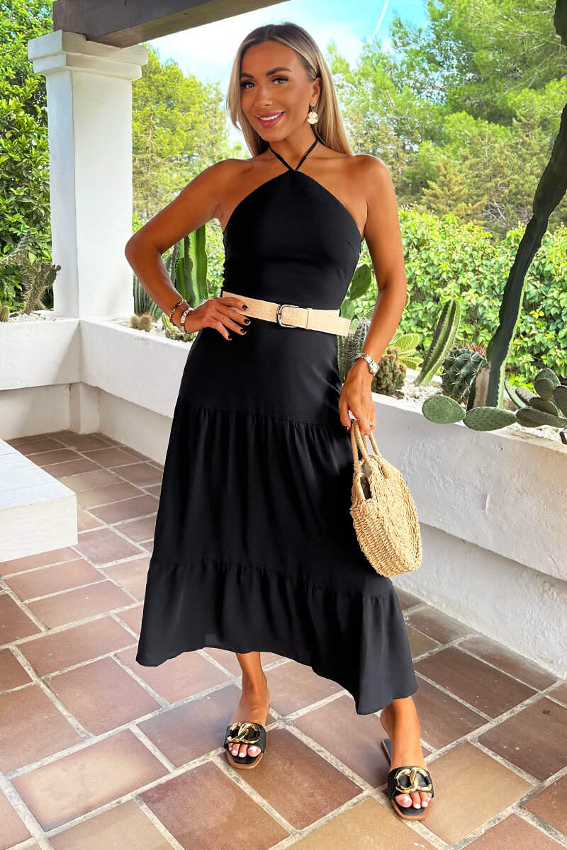 Black Halterneck Straw Belt Tiered Midi Dress 16 Black Halterneck Straw Belt Tiered Midi Dress 16