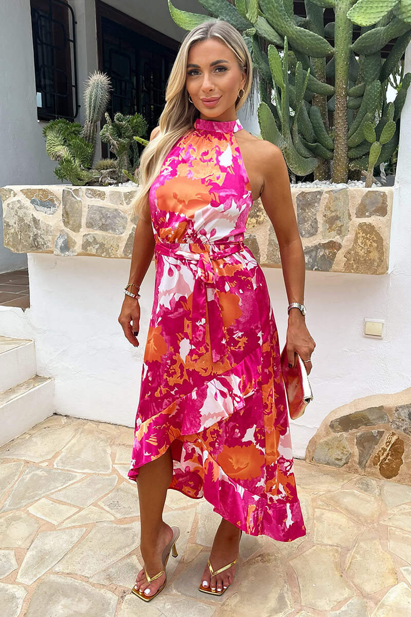 dipped waist midi dress Pink And Peach Abstract Printed Halterneck Tie Waist Dipped Hem Midi D – AX  Paris
