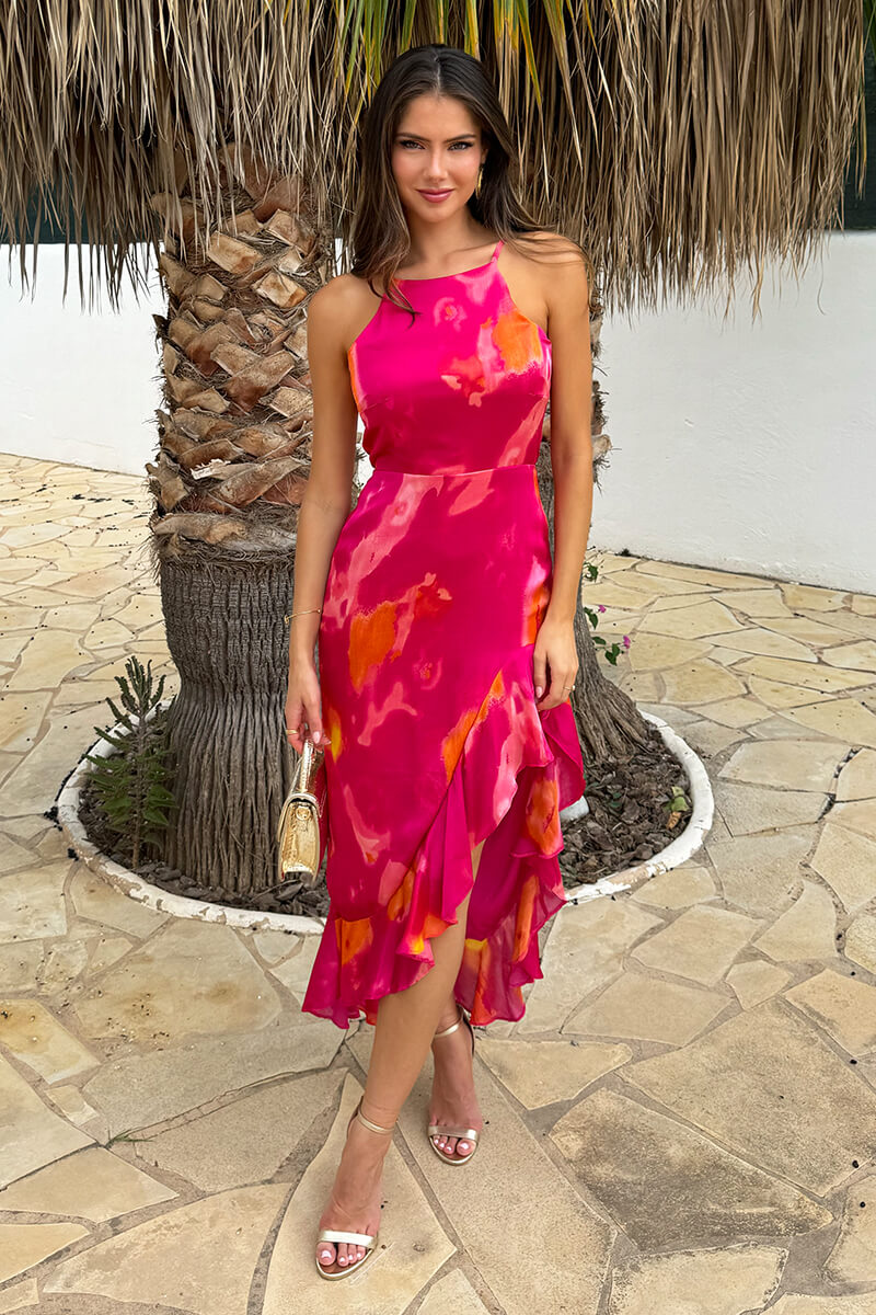 Pink Smudge Print Racer Neck High Low Frill Hem Midi Dress – AX Paris