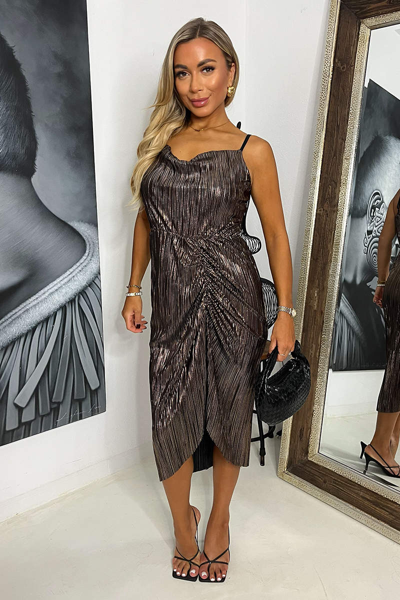 Bronze Plisse Strappy Cowl Neck Gathered Skirt Midi Dress – AX Paris