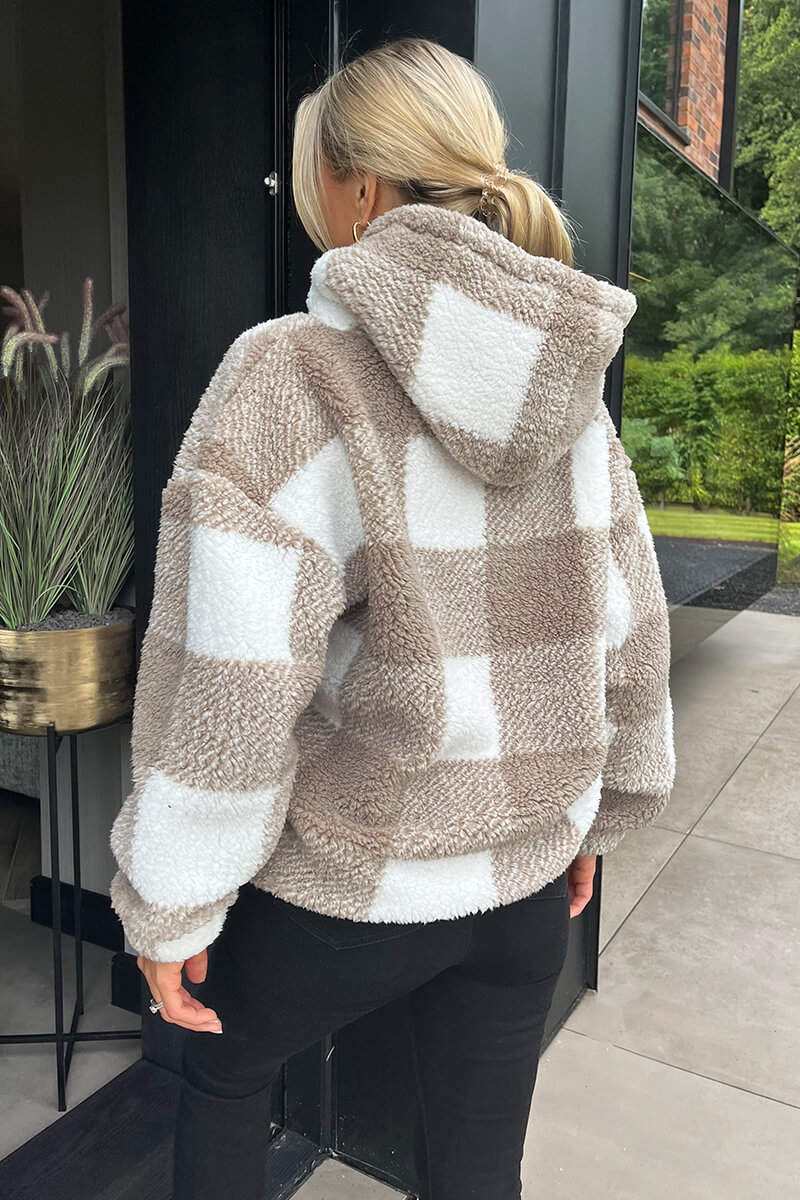 Biscuit Check Drawstring Teddy Hoodie – AX Paris