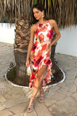 Peach Smudge Print Racer Neck High Low Frill Hem Midi Dress