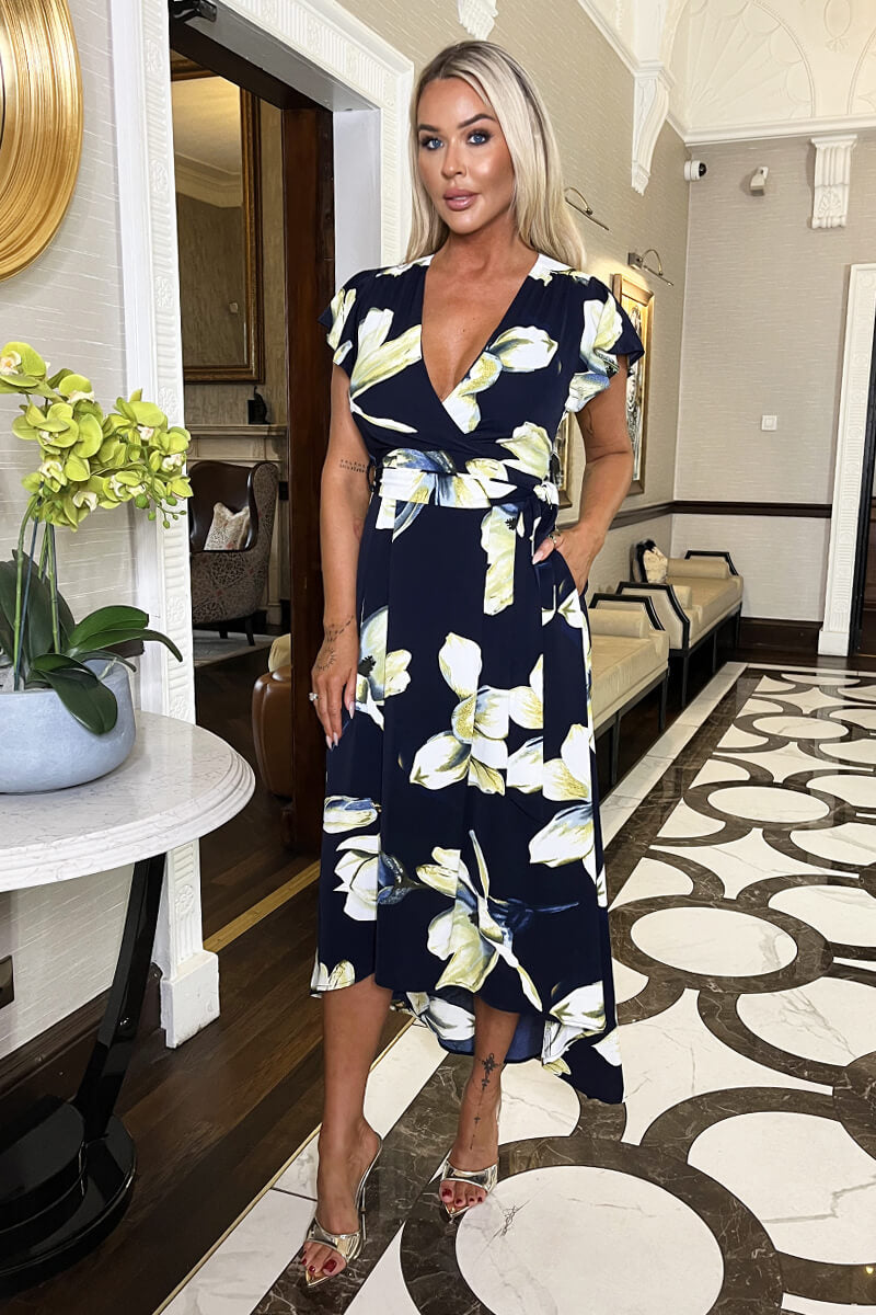 navy floral dress Navy Floral Print Short Sleeve Belted Wrap Midi Dress – AX Paris