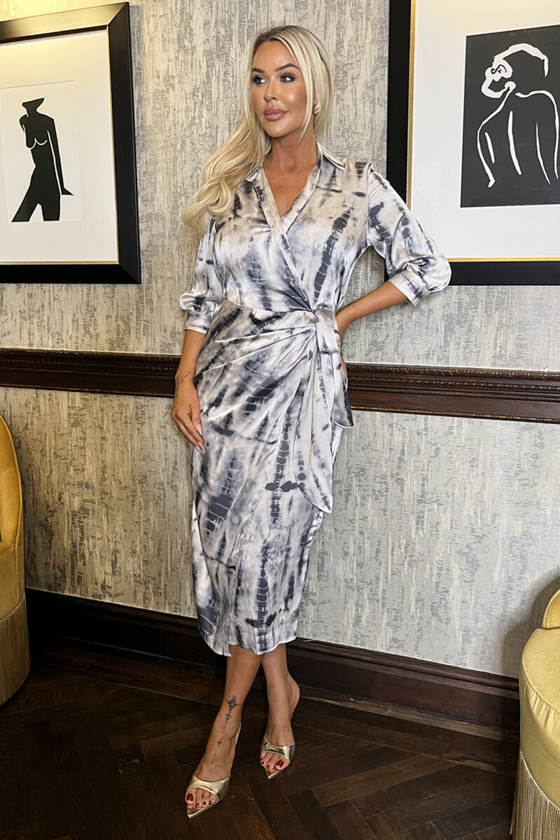 Grey Printed 3/4 Sleeve Side Tie Waist Wrap Shirt Midi Dress AX Paris Grey Printed 3/4 Sleeve Side Tie Waist Wrap Shirt Midi Dress AX Paris