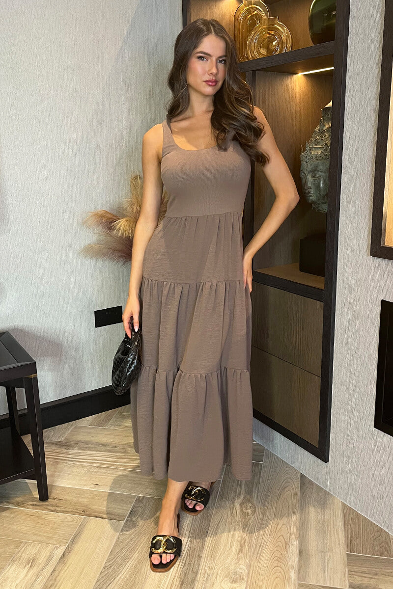 Mocha Round Neck Ribbed Top Tiered Skirt Midi Dress AX Paris Mocha Round Neck Ribbed Top Tiered Skirt Midi Dress AX Paris