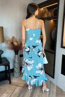 Duck Egg Floral Print Racer Neck High Low Frill Hem Midi Dress