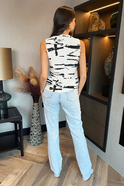 White And Black Printed Button Front Waistcoat