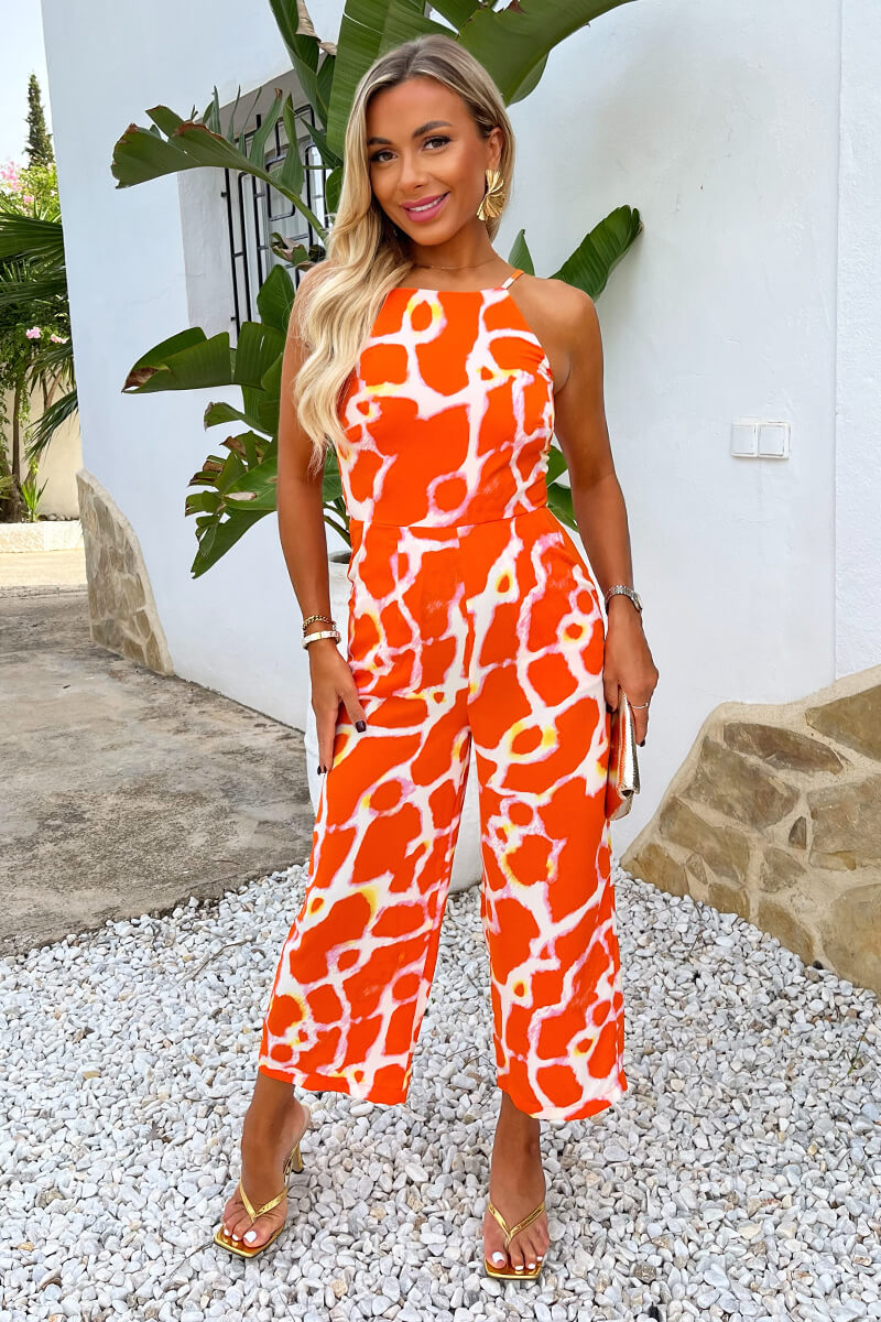 Orange Giraffe Print Strappy Racer Neck Jumpsuit – AX Paris