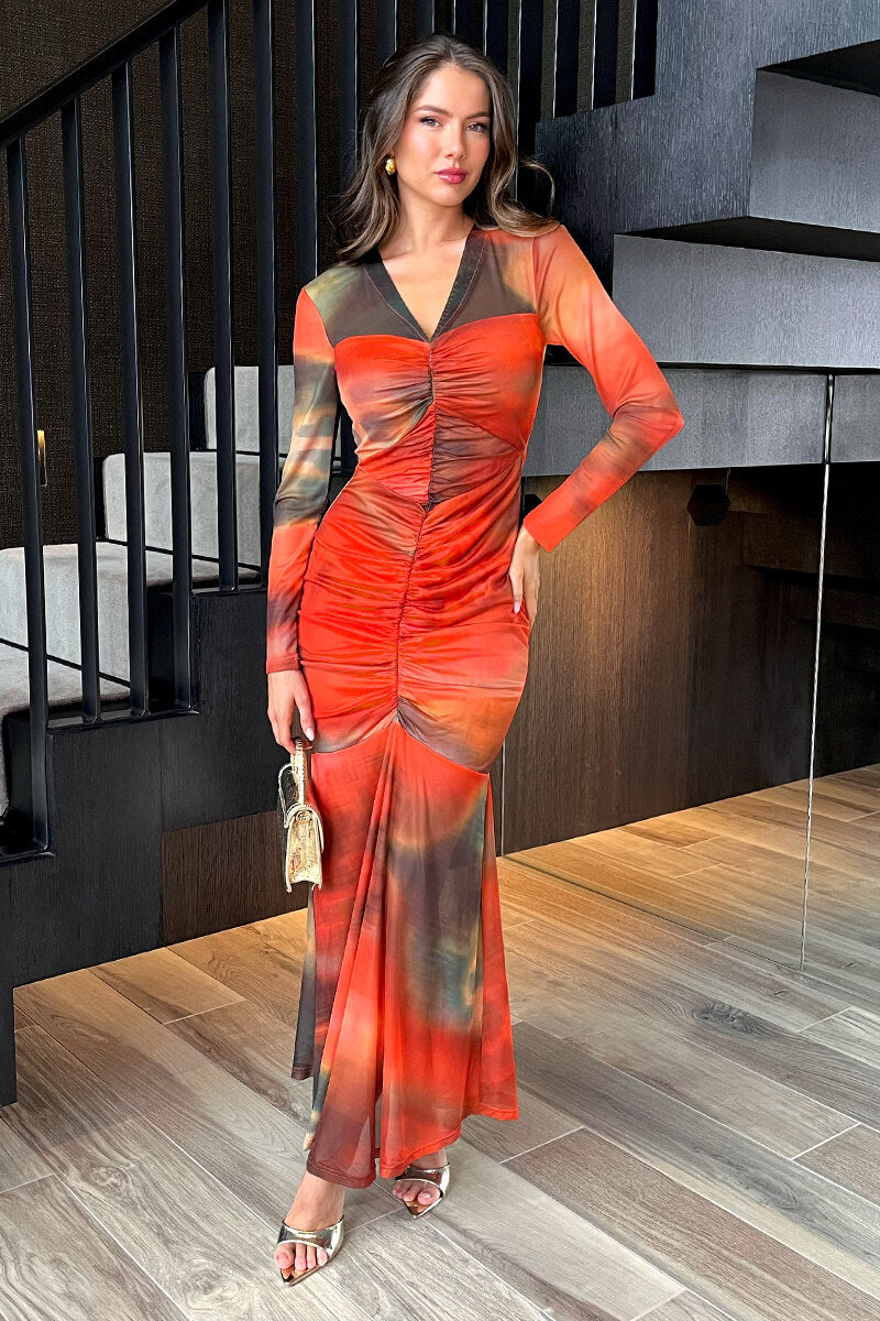 Orange Ombre Mesh Contrast Ruched Front Bodycon Midi Dress – AX Paris Orange Ombre Mesh Contrast Ruched Front Bodycon Midi Dress – AX Paris