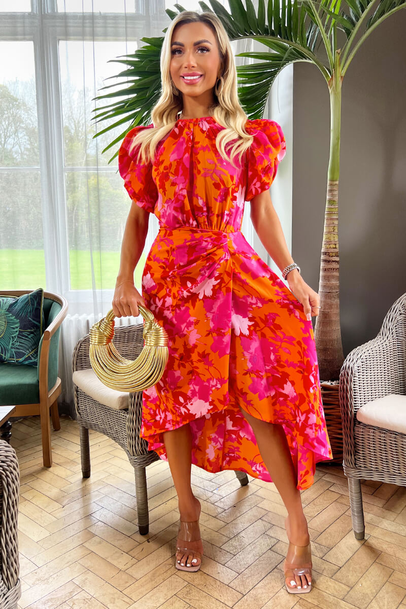 Pink And Orange Floral Printed Short Puff Sleeve Gathered Side Midi Dr AX Paris Pink And Orange Floral Printed Short Puff Sleeve Gathered Side Midi Dr AX Paris