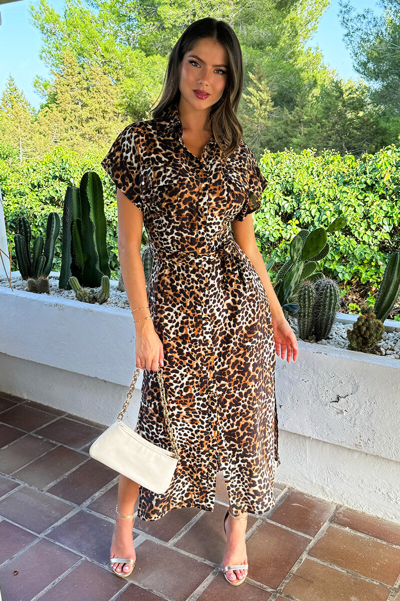 Brown Cheetah Print Short Sleeve Midi Shirt Dress – AX Paris