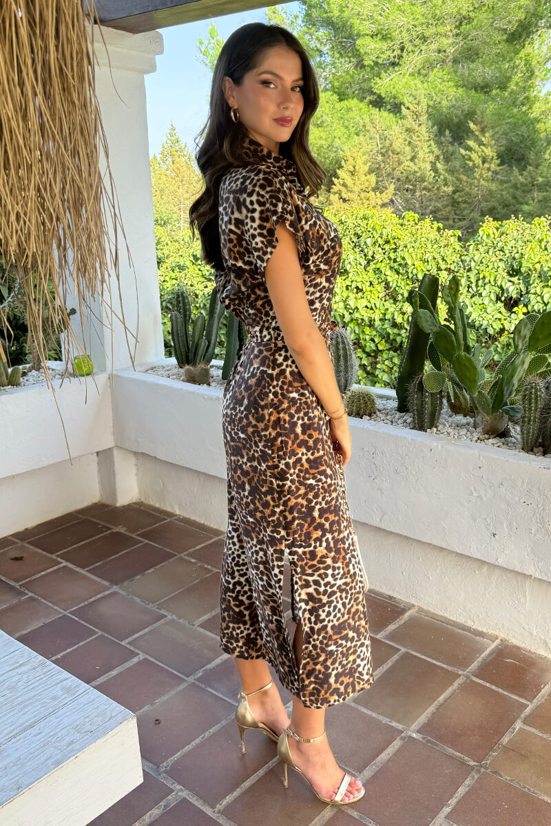 short sleeve animal print dress Short Sleeve Tie Front Side Cut Out Leopard Maxi Dress - SMALL / NATURAL
