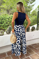 Navy And Cream Abstract Print 2 In 1 Smock Midi Dress