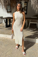 Cream Crochet Knit Split Leg Midi Dress