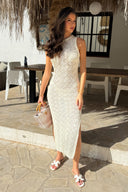 Cream Crochet Knit Split Leg Midi Dress