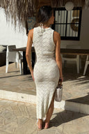 Cream Crochet Knit Split Leg Midi Dress