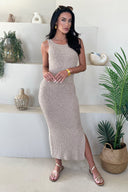 Biscuit Ribbed Knit Round Neck Midi Dress