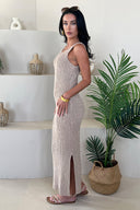 Biscuit Ribbed Knit Round Neck Midi Dress