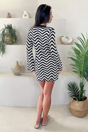 Black And White Zig Zag Long Sleeve Crochet Mini Dress