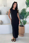 Black Knitted Side Split Hem Midi Dress