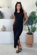 Black Knitted Side Split Hem Midi Dress