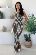 Cream And Black Striped Knitted Midi Dress