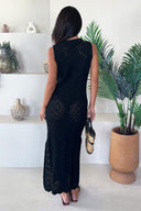 Black Crochet Knit Split Leg Midi Dress