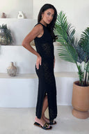 Black Crochet Knit Split Leg Midi Dress