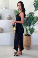 Black Ribbed Knit Round Neck Midi Dress