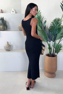 Black Ribbed Knit Round Neck Midi Dress