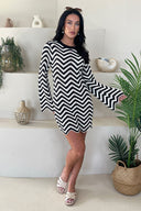 Black And White Zig Zag Long Sleeve Crochet Mini Dress