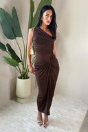 Chocolate One Shoulder Knot Skirt Midi Dress
