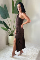 Chocolate One Shoulder Knot Skirt Midi Dress