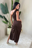 Chocolate One Shoulder Knot Skirt Midi Dress