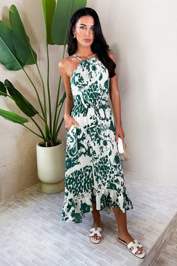 Multi Printed Frill Hem High Neck Midi Dress