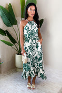 Multi Printed Frill Hem High Neck Midi Dress