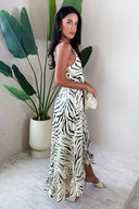 Multi Animal Print Frill Hem High Neck Midi Dress
