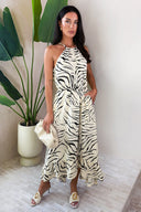 Multi Animal Print Frill Hem High Neck Midi Dress