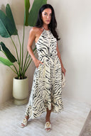 Multi Animal Print Frill Hem High Neck Midi Dress