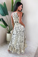 Multi Animal Print Frill Hem High Neck Midi Dress