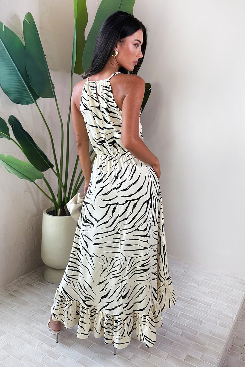 Multi Animal Print Frill Hem High Neck Midi Dress