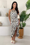 Black and Cream Leopard Print High Low Frill Hem Midi Dress