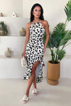 Black and Cream Leopard Print High Low Frill Hem Midi Dress