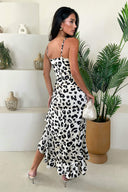 Black and Cream Leopard Print High Low Frill Hem Midi Dress