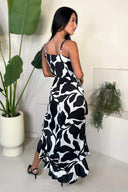 Black And White Leaf Print Strappy Wrap Top High Low Frill Hem Midi Dress