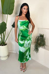 Green Tie Dye Print Ruched Side Strappy Midi Dress